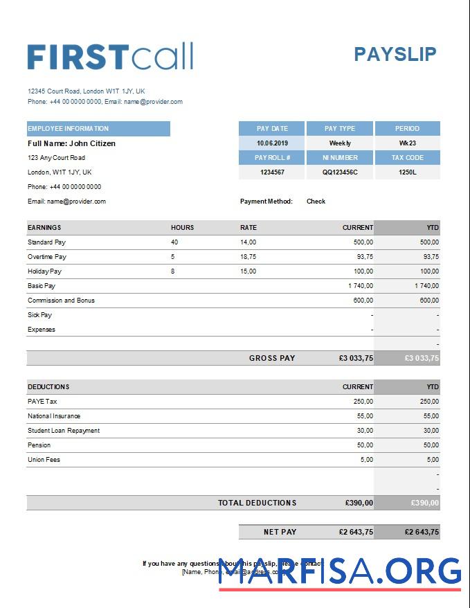 Blank Call forwarding company paystub template